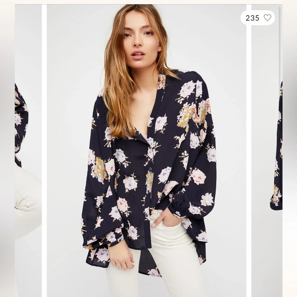 Free People Julia Floral Oversized High Low Blouse Navy Size XS NWOT
